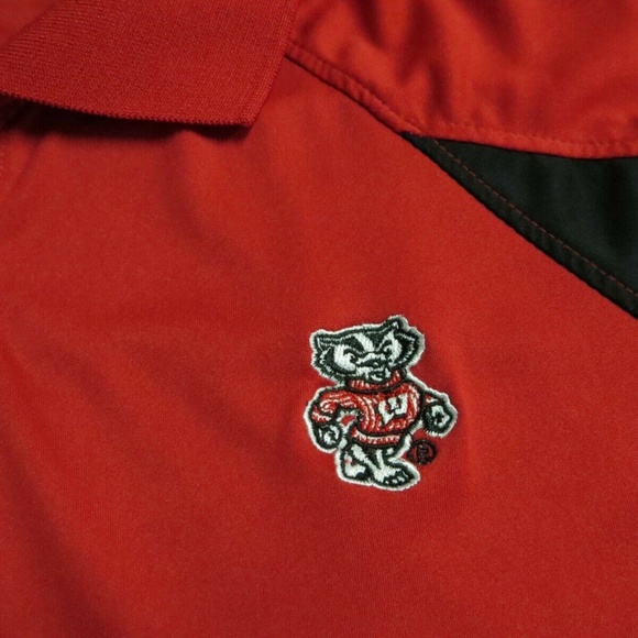 Sz M Red Wisconsin Badgers Mens Polyester #EE Golf Polo Shirt - Picture 4 of 6